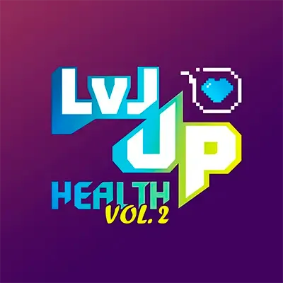 Schriftzug LVL UP HEALTH Vol. 2 in Pixelschrift auf violettem Grund