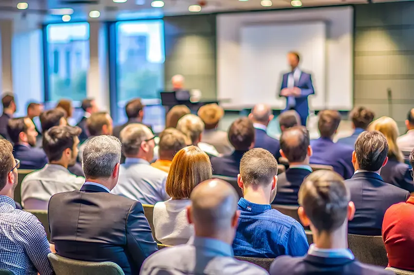 Zuhörerinnen und Zuhörer in einem Konferenzsaal vor einem Redner am Podium