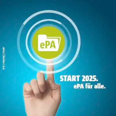 Finger tippt auf eine leuchtende Schaltfläche mit dem Aktensymbol ePA – Start 2025