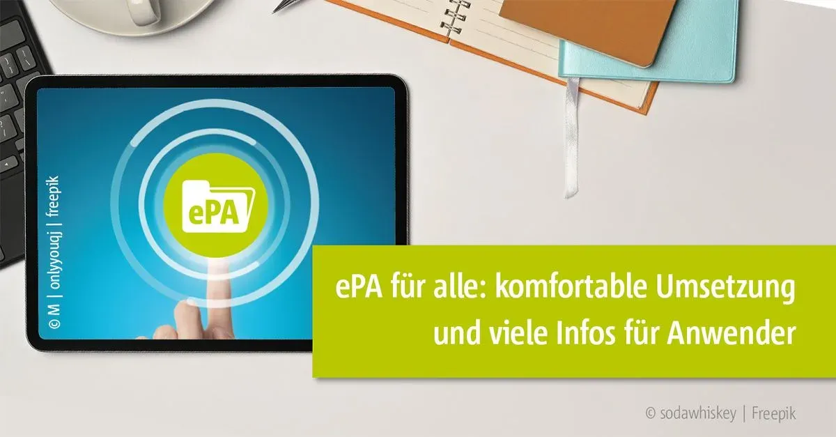 Finger tippt auf einem Tablet auf ein Ordnersymbol mit der Aufschrift ePA