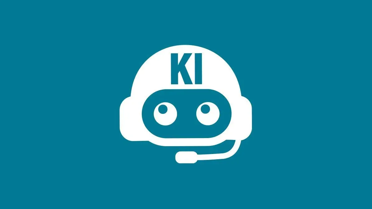 Weißes Symbol eines Roboterkopfs mit Headset und der Aufschrift KI auf petrolfarbenem Grund